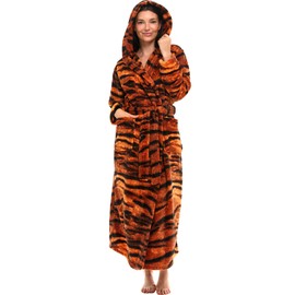 Alexander Del Rossa Women's Robes, Long Plush Bathrobe, Womens Robe with Hood, Hooded Robes for Women Plus Size Robe Bengal Tiger Medium (A0116A13MD)