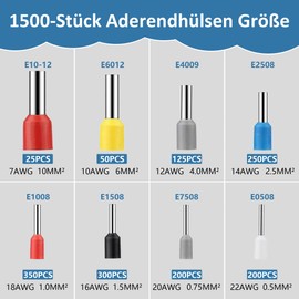 1500 Piece Wire End Ferrules Set, 0.5 mm² - 10 mm² Wire End Ferrules, Insulated Cable Sleeves 22-7 AWG, Wire End Ferrules Assortment for Wire Connection