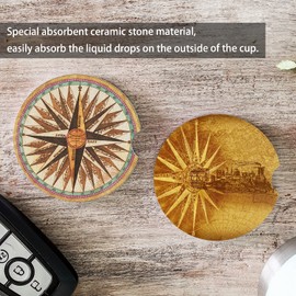 Car Coasters for Cup Holders Absorbent Ceramic car Cup Holder Coaster 2.56" Vintage Compass Car Coaster Set of 2 Pack, Cute Car Accessories to Keep Car Clean