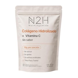 N2H Colágeno Hidrolizado Bovino + Vitamina C 500 g, 50 Porciones, Sin Sabor, Péptidos de Colageno Tipo I y III, Piel, Cabello y Uñas, Sin Maltodextrina, Sin Azúcar, Sin Gluten, Third-Party Tested