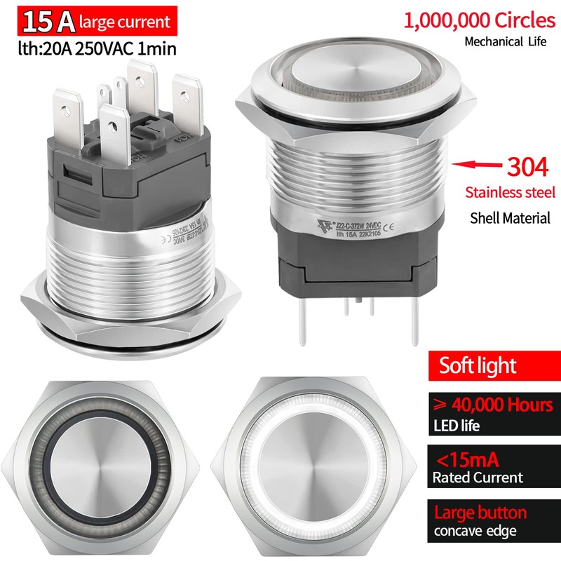 UL Listed 22mm Push Button Switch 15A 24V Latching 2NO