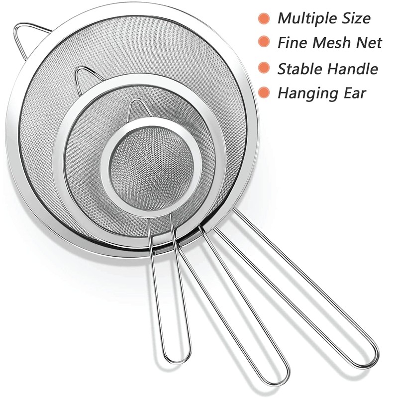 3 Fine Mesh Strainers Set with Handle for Kitchen -