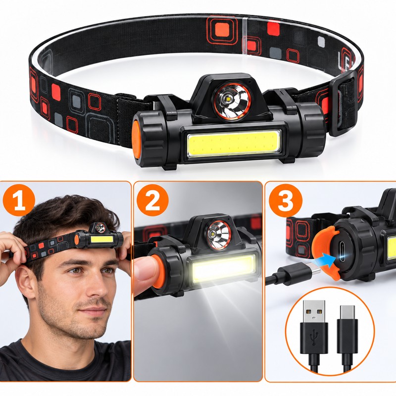 Rechargeable LED Headlamp with XPE + COB Lights – Magnetic