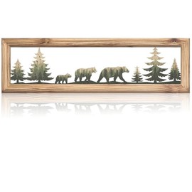 Quanqiuyi Arte de pared de oso de bosque, decoración de pared de oso de metal rústico de 16 pulgadas con marco de madera, arte de imagen de animales de vida silvestre para granja, cabaña, hogar
