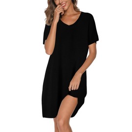 Kabento Nightgowns for Women Cotton Sleep Shirts Short Sleeve Sleepwear, Black, XX-Large
