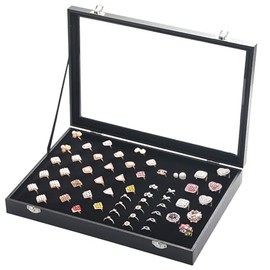 Anillos de la Joyería Caja, Bandeja Organizadora de 100 Ranuras para Anillos con tapa Transparente, 36 * 25 * 5cm, Terciopelo, Negro
