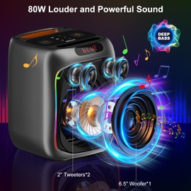 Karaoke Machine with 2 Wireless Microphones, 80W Portable Bluetooth Speaker, Party Speaker with LED Colorful Lights TWS Pairing, Karaoke Speaker Supports for Mic Input,USB,AUX,TF Card