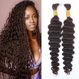 Deep Curly Human Braiding Hair for Boho Braids Brown Deep Water Wave Human Hair Braiding Hair No Weft Hair Bundles for Bohemian Knotless Braids 16 18 Inch Bulk Human Hair for Braiding 50g/Bundle