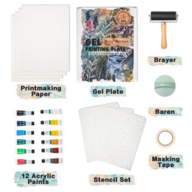 BuzzBright Gel Printing Plate kit, Complete Printmaking Set with 5”X7” Gelatin Plate, Brayer, Printmaking Paper, Acrylic Paint and Essential Tools for Mixed Media Art, Monoprinting, Card Making
