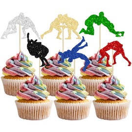 Gyufise 24Pcs Wrestling Cupcake Topper Wrestling Party Decorations Glitter Wrestler Cupcake Picks for Boy Man Wrestling Sports Theme Baby Shower Birthday Party Supplies Multi