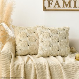 AVOIN colorlife Thanksgiving Gobble Turkey Beige Throw Pillow Covers, 18 x 18 Inch Seasonal Autumn Fall Harvest Soft Plush Faux Fur Jacquard Cushion Case Decoration for Sofa Couch Set of 2