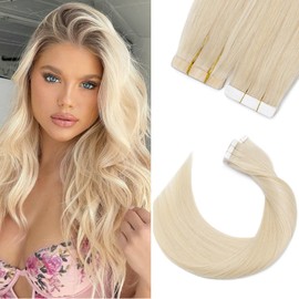 Silk-co Tape in Hair Extensions Human Hair Remy Real Hair Extension 16inch Invisible Straight Seamless Skin Weft With Glue Straight Silky Soft 10 Pieces*1.5g 15g/Set - #60 Platinum Blonde
