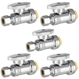 HeSun 5-PCs Push-Fit Straight Stop Valve, 1/2" Push x 1/4" OD Compression Straight Stop, 1/4 Turn Water Shut Off Valve for Bathroom with Disconnect Clip Tool