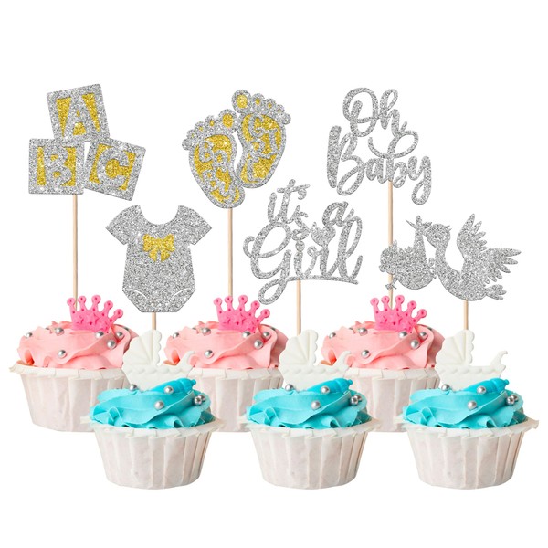 Paquete de 24 adornos para cupcakes de Oh Baby It's a Girl con overol de cisne con letras, púas de magdalenas, decoración de pasteles para baby shower, niñas, suministros de fiesta temática de cumpleaños, color plateado