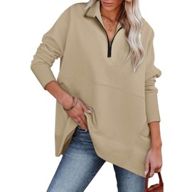 Dokotoo Womens Oversized Half Zip Pullover Sweatshirt for Women 2024 Fashion Trendy Fleece Jackets Quarter Zip Cropped Loose Sweaters Hoodies Fall Clothes Outfits Coat Tops Khaki Small