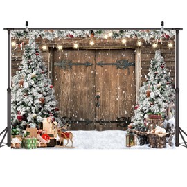 AIIKES 7X5FT Christmas Backdrop Winter Christmas Rustic Barn Wood Door Photography Backdrop Xmas Tree Snow Gift Family Holiday Party Decor Backdrop Photo Studio Props 12-630