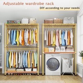 Raybee 79" H Heavy Duty Rolling Garment Rack for Hanging Clothes Adjustable Clothing Rack with Wheels, Hanging Rods,79" H X35.5 W X15.7 D,Yellow