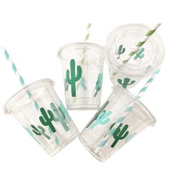 Cactus Party Cups - Set of 12 with Lids Paper Straws Birthday Fiesta Supplies