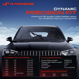 A-Premium Pack of 2 Windshield Wiper Blades with Wear Indicator & Towel - Compatible with Volvo XC60, S60, XC70, S80, C70, V60, C30, S40, S40, S80, V50, V70-26" and 20", TLP Connector