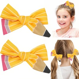 HIFANMM 2Pcs School Bow Hair Clips for Girls Yellow Pencil Hair Accessories Cute Stripe Knot Bow Hairpins Litter Girls Alligator Hair Barrettes for Back to School Students Toddlers Kids Outfit