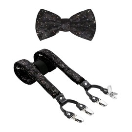 TIE G Men's Glitter Velvet Suspender + Bow Tie Set for Wedding, Party : Glittering Effects, Adjustable Braces, Strong 6 Clips (Space Black)