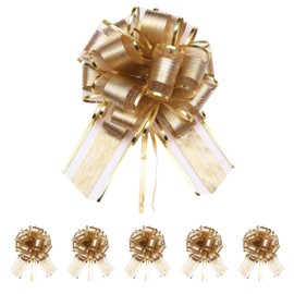 5 PCS 7 inch Gold Bows for Gift Wrapping, Large Pull Bows, Ribbon for Present for Birthday Valentines Christmas Balloons Wedding Parties
