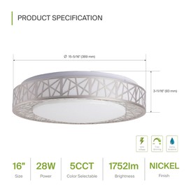 ASD 16 Inch LED Flush Mount Ceiling Light - Modern Brushed Nickel Ceiling Light Fixture 28W 1752LM, 2700-5000K Adjustable Small Ceiling Lights for Kitchen, Bedroom, Hallway, Closet, ETL