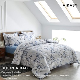 AIKASY Bed in a Bag 7 Pieces King Size - Floral Print - Soft Microfiber, Reversible Bed Comforter Set (1 Comforter, 2 Pillow Shams, 1 Flat Sheet, 1 Fitted Sheet, 2 Pillowcases)（White, King）