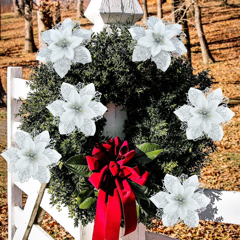 DIYASY Silver Christmas Tree Flowers, 24 Pcs Glitter Poinsettia Christmas