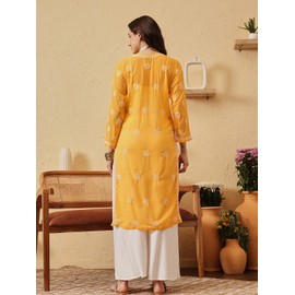Ada Handcrafted Chikankari Faux Georgette Kurti Kurta A95504, Yellow, XXX-Large
