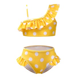 CHILDRENSTAR - Traje de baño de dos piezas para niñas con un solo hombro, Amarillo punteado, 6-7 Años