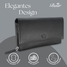 Baur Women's Genuine Leather Wallet with RFID Protection, Large Wallet, Many Card Slots, Wallet with Press Stud Closure, Women's Purses, black, Classic