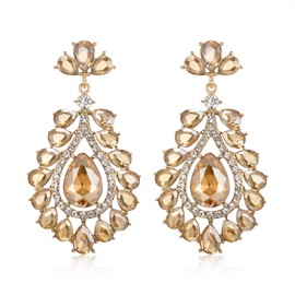 EVER FAITH Statement Earrings for Women, Wedding Party Jewellery Art Deco Teardrop Crystal Pierced Chandelier Bridal Dangle for Brown Gold Tone, Crystal