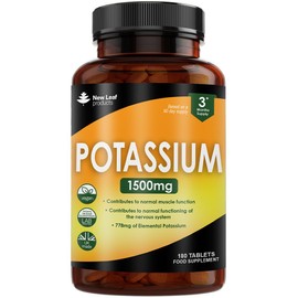NEW LEAF PRODUCTS Potassium Supplements High Strength - 180 Vegan Potassium Tablets Mineral Electrolytes Supplement Contributes to Normal Muscle Function, Nervous System - Gluten-Free, Non-GMO, Made in UK by New Leaf