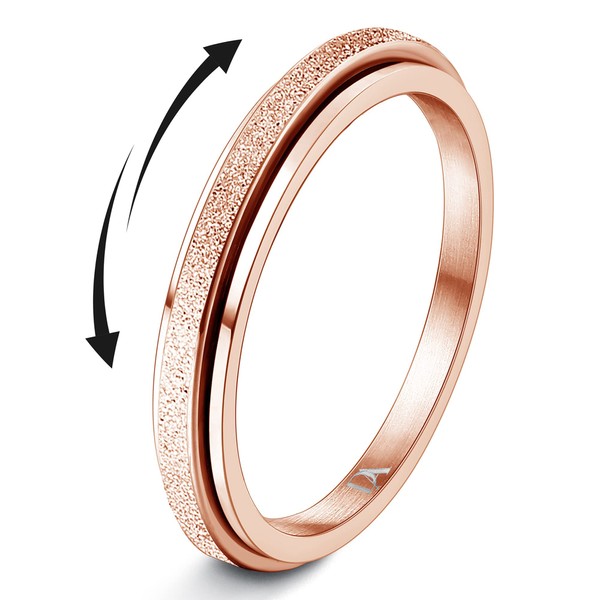 Diamday Fidget Rings for Women Men - 2mm Rose Gold Spinner Stainless Steel Ring for Anxiety Stress Relief Glitter Sandblast Spinning Figit Anxiety Jewelry for Wedding Promise Size 6