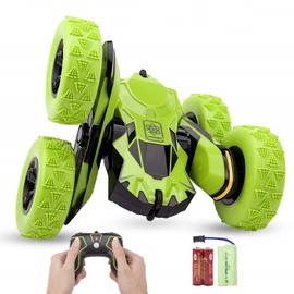 Haktoys Remote Control Stunt Car, Green RC Truck, Rechargeable with Flashing LED Lights & Quiet Play Mode Tumbling Spinning Action RC Car for Kids