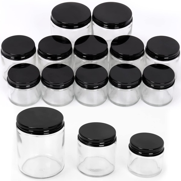 Swpeet 12 Packs 2 oz 4 oz 8 oz Transparent Glass Jar with Black Lid Assortment Kit, Round Containers Cosmetic Glass Jars with Lids Travel Jars Cosmetic Containers for Cream, Lotion