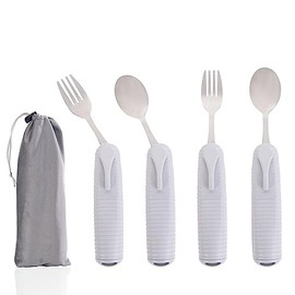 Pekokavo Adaptive Utensils Set, Angle Adjustable Arthritis Aid Silverware for Parkinsons, Hand Tremors, with Non-Slip Easy Grip Handle (4 Count (2 Spoon + 2 Fork))
