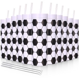 Meanplan 10 Pieces Soccer Skinny Tumblers with Lids and Straws 16 oz Sports Double Walled Plastic Tumbler Cups Skinny Travel Tumbler Reusable Cup for Soccer Fan Birthday School Sport Party Supplies