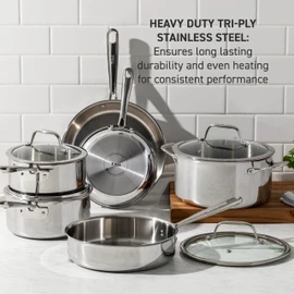 T-Fal Pro Tri-Ply Fry Pan, Stainless Steel Pan 12 inch, Induction Cookware, Oven Safe 500F, Fast & Even Heat, Professional Quality & Durability, Skillet, Cookware, Silver