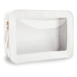 Clear Makeup Bag, See Through Travel Toiletry Bag, Transparent Toiletry Bag, Waterproof PVC Zippered Cosmetic Bag, Large Wash Bag with Vegan Leather for Women Men Girl (White)