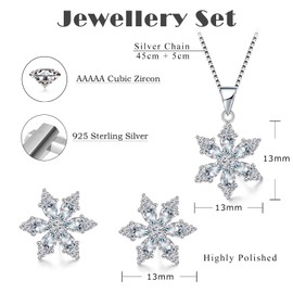 Glintara Silver Christmas Jewellery Sets for Women, 925 Sterling Silver Snowflake Jewellery Set with Zircon, 2 PCS Silver CZ Xmas Jewelry Set - Necklace with Snowflake Pendant & Silver Stud Earrings