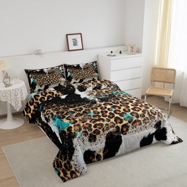 Leopard Print Kids Comforter Set Full Size,Boys Girls Adults Bedroom Decor,Black White Cow Fur Texture Down Comforter,Abstract Animals Skin Bedding Set,Rustic Farmhouse Duvet Insert,2 Pillowcases