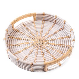 Goraffia Round Rattan Tray with Handles – 11"x11"x2" Handwoven Boho Serving Tray for Coffee Table, Kitchen & Dining – Eco-Friendly Wicker Decor for Indoor/Outdoor Use (White Wash)