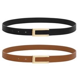 JASGOOD 2 Pack Fashion Skinny Leather Belts for Women, Womens Belts for Dresses Jeans Coats with Gold Buckle Black+Brown S