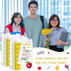 JUESMOS Teacher Appreciation Gift Bag 13" Thank you Teacher Gift Bag with Tissue Paper Thank You for Helping Me Grow Bags for Graduation Retirement Teachers Appreciation Paper Bags with Handles