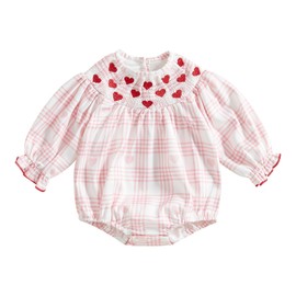Ayalinggo Newborn Smocked Baby Girl Outfit Hearts Plaid Long Sleeve Bubble Romper Bodysuit Infant Cute Valentines Day Clothes (Pink Plaid, 6-12 Months)