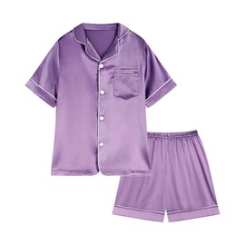 Miyanuby Girls Boys Pyjamas Set Button-up Silk Satin Pajamas Sleepwear Nightwear 2 Pieces Clothes Set Gifts for Baby Girls Boys