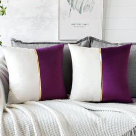 Artscope Set of 2 Velvet Cushion Covers for Sofa Car Bedroom Luxurious Modern Minimalist Golden Leather Stitching Decorative Cushion Cover Cushion Case 45 x 45 cm (Purple and White)