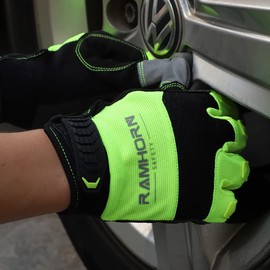 RAMHORN SAFETY Hi-ViZ Reflective Work Gloves Men And Women, Utility Mechanic Working Gloves Touch Screen, Flexible, Breathable, Wear-Resistant Gloves (Green, S)